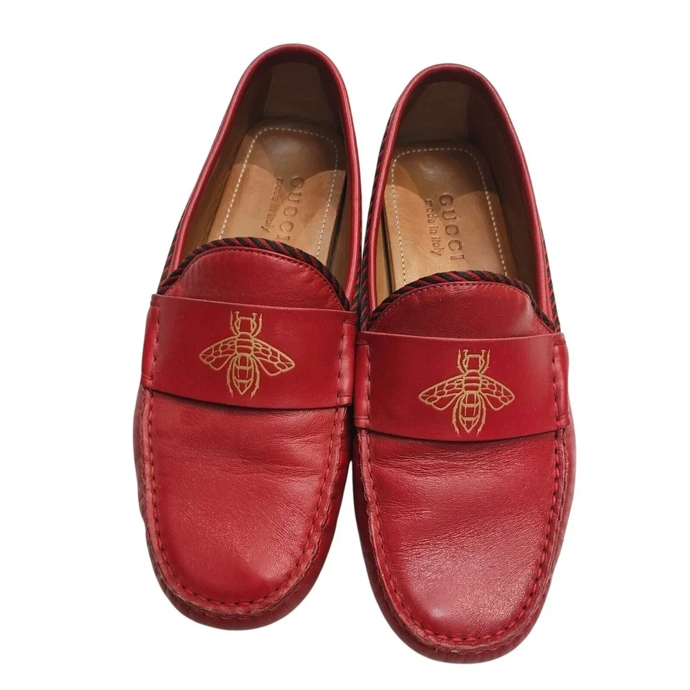 Gucci Red Leather Drivers with Bee Accent & Red Black Trim #49117 Men's Size 7.5